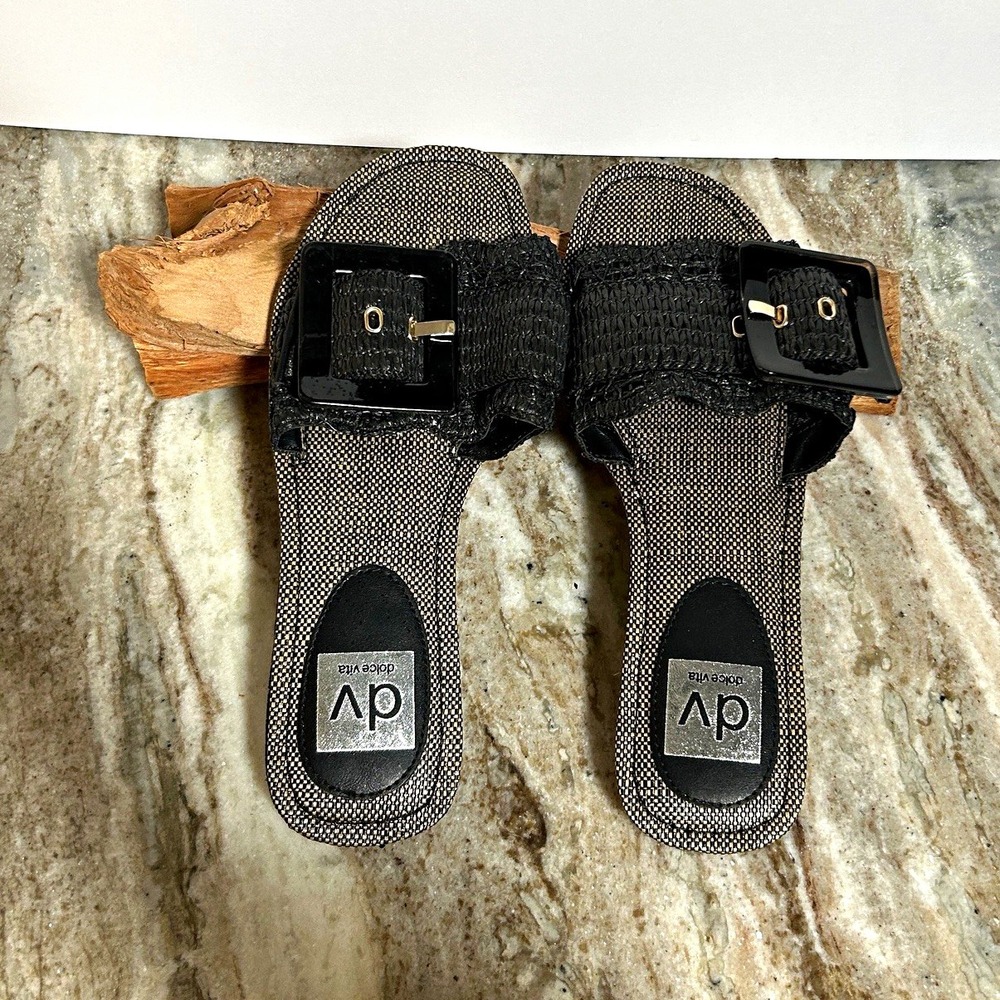 Dolce Vita Jerree Black Raffia Buckle Slide Sandals Womens 6.5